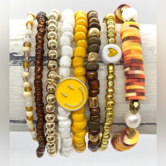 Brown Yellow Gold White Beaded Bracelet Set Boho-chic Coastal Cowgirl Preppy - Picture 2 of 6